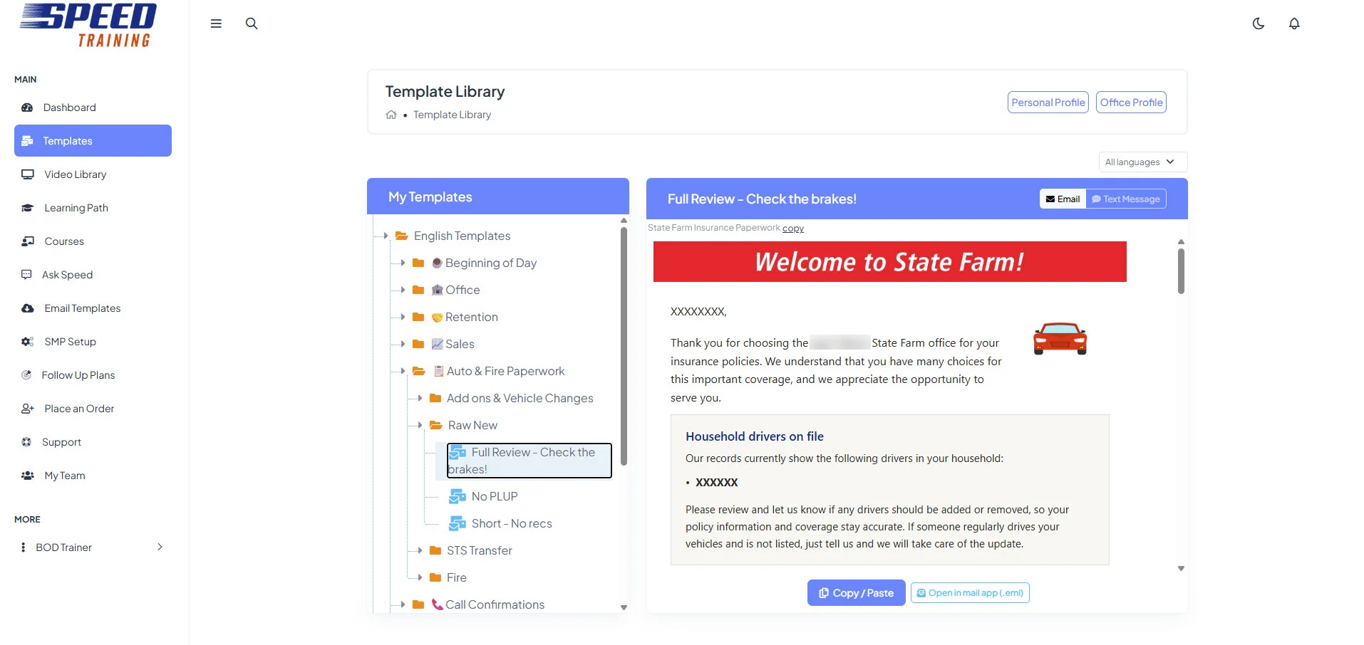 The SPEED Cloud template library: folders of email templates on the left, a live preview of the selected template on the right, and Copy/Paste and Open in mail app buttons.